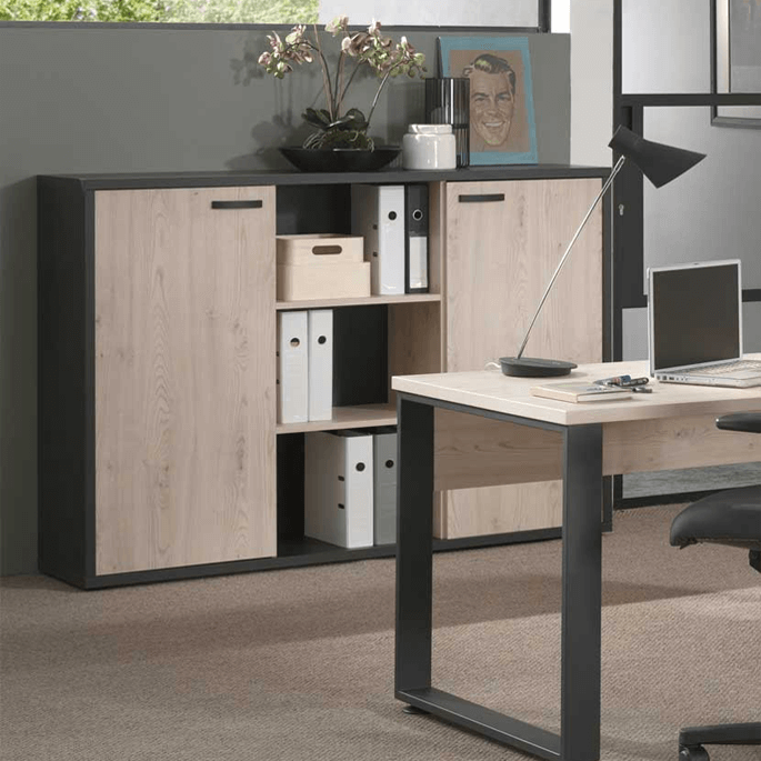 Armoire basse de bureau contemporaine 160 cm chêne - noir Salto